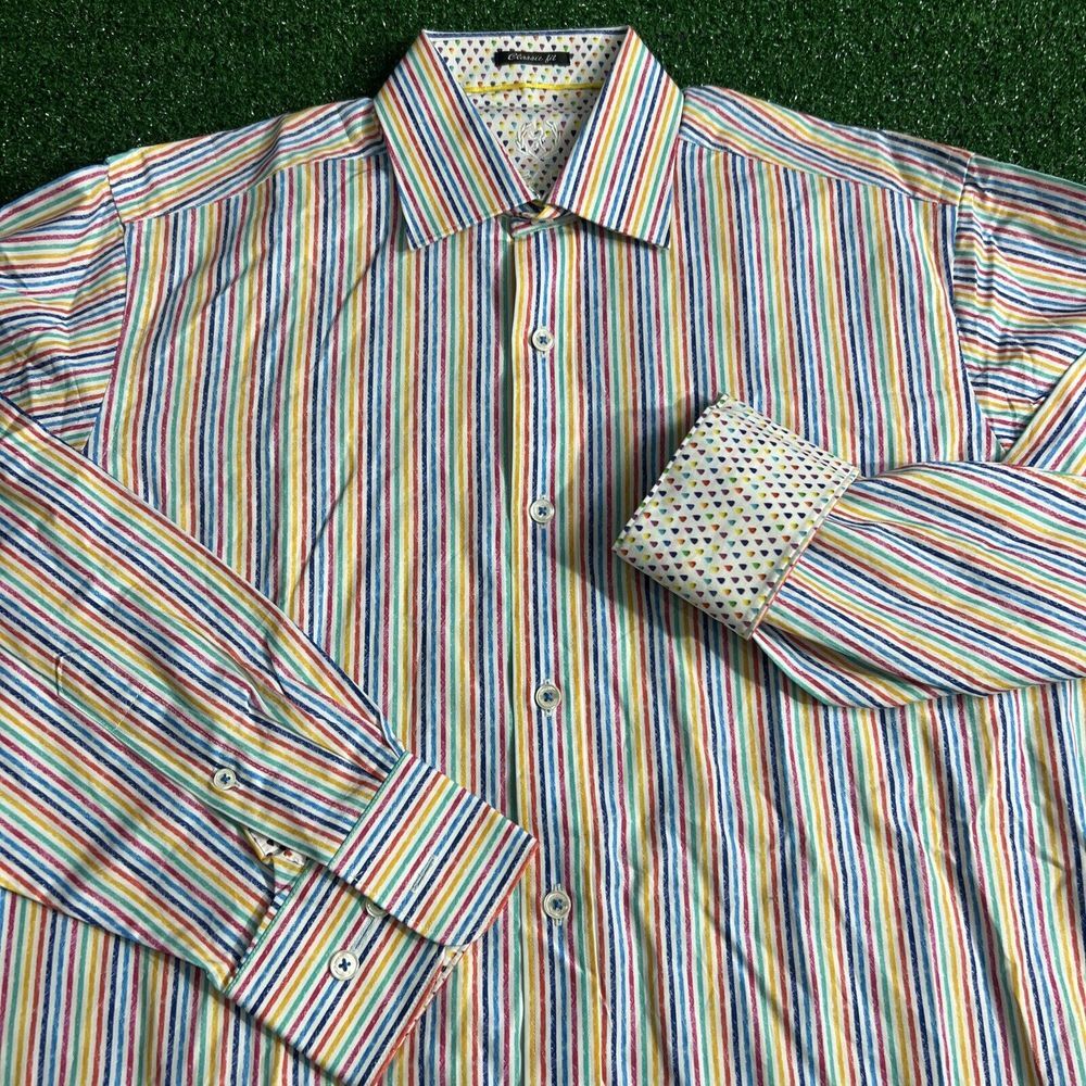 Bugatchi Uomo Dress Button Shirt Mens Small‎ Classic Fit Multicolored Stripes